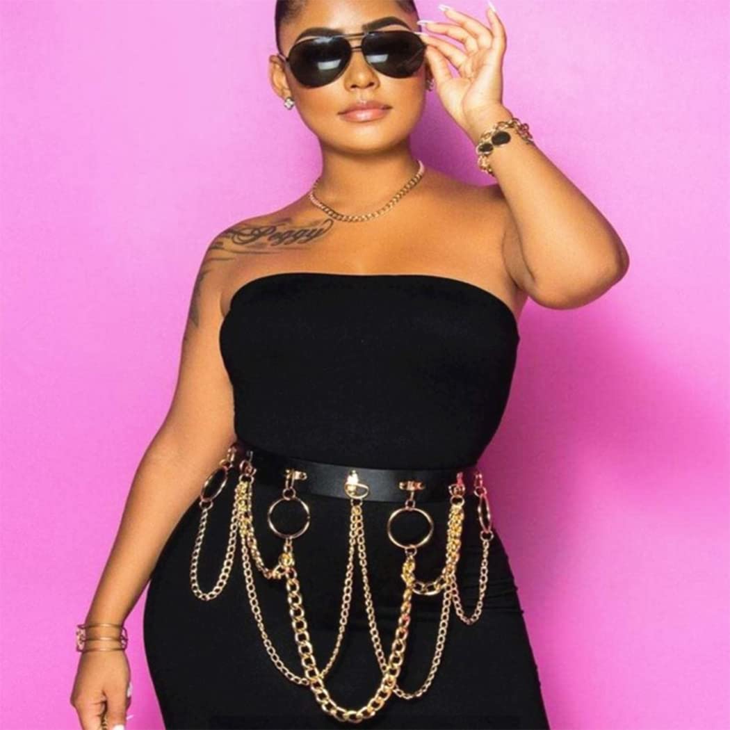 BODIY Black Leather Waist Chain Belt Gold Body Chain Punk Rave Accessories Fashion Body Jewelry for Women