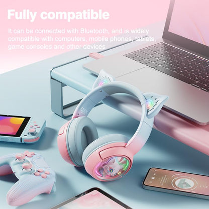 PHNIXGAM Cute Cat Bluetooth Headphones, Wireless & Wired Mode Headset with Mic, RGB LED Light, for Girls Women School Gaming, Compatible with Mobile Phones Tablet (Pink Blue)