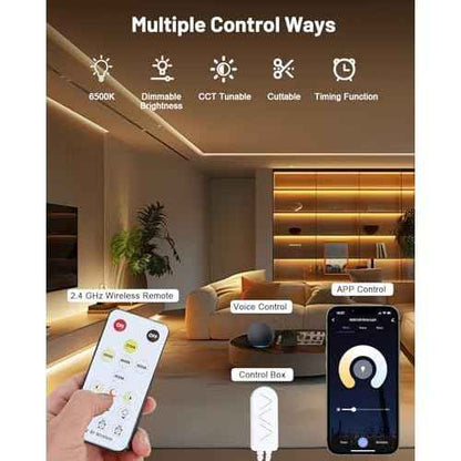 COB LED Strip Lights 32.8ft, Dimmable White CCT Tunable 2300K-6500K, DC 24V High Lumen Cuttable LED Tape Light, 6080 LED 48W CRI 90, APP Remote Control, Music Mode, For Home DIY, Living Room, Bedroom