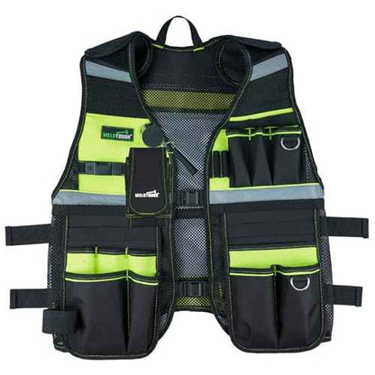 MELOTOUGH Tool Vest Reflective Safety Tool Vest with Removable Phone Holder,Retractable Pen Holder for Electrician,Carpenters,Construction(Lime)