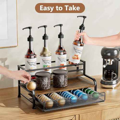 Coffee Syrup Rack Organizer, 3-Tier 8 Bottles Syrup Rack with Pod Holder Drawer for Nespresso Pods, Holds up to 30 Big or 40 Small Capsules, Countertop Coffee Bar Organizer for Kitchen Cafe