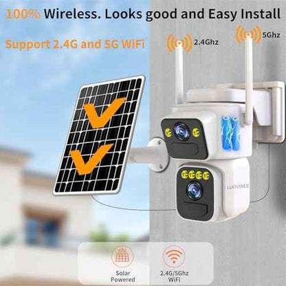 Solar Security Cameras Outdoor Wireless,2.4G/5G WiFi Cameras for Home Security, Dual Lens PTZ Motion Zone,2-Way Audio,Night Vision,Weatherproof,SD/Cloud Storage
