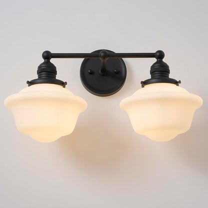 Vintage 2-Lights Wall Sconce Lights Black Bathroom Vanity Light with Milk Glass Double Sconce Wall Mounted Lamp for Bedroom Living Room Bathroom Mirror Kitchen Hallway Hardwire