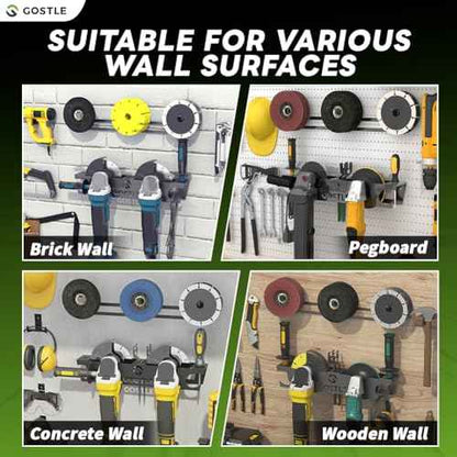2 Bay Angle Grinder Holder with Discs Hook Rack, Grinders Power Tools Holder Storage Rack, Wall Mount Organizer Bracket for Cutters Polishers with Cord Hanger and Hooks