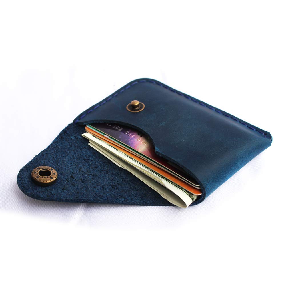 Handmade Leather Card Holder with Snap Closure - Ultra-Thin Minimalist Front Pocket Wallet, Hand-Stitched Genuine Leather Simple Card Case for Men & Women(Blue)