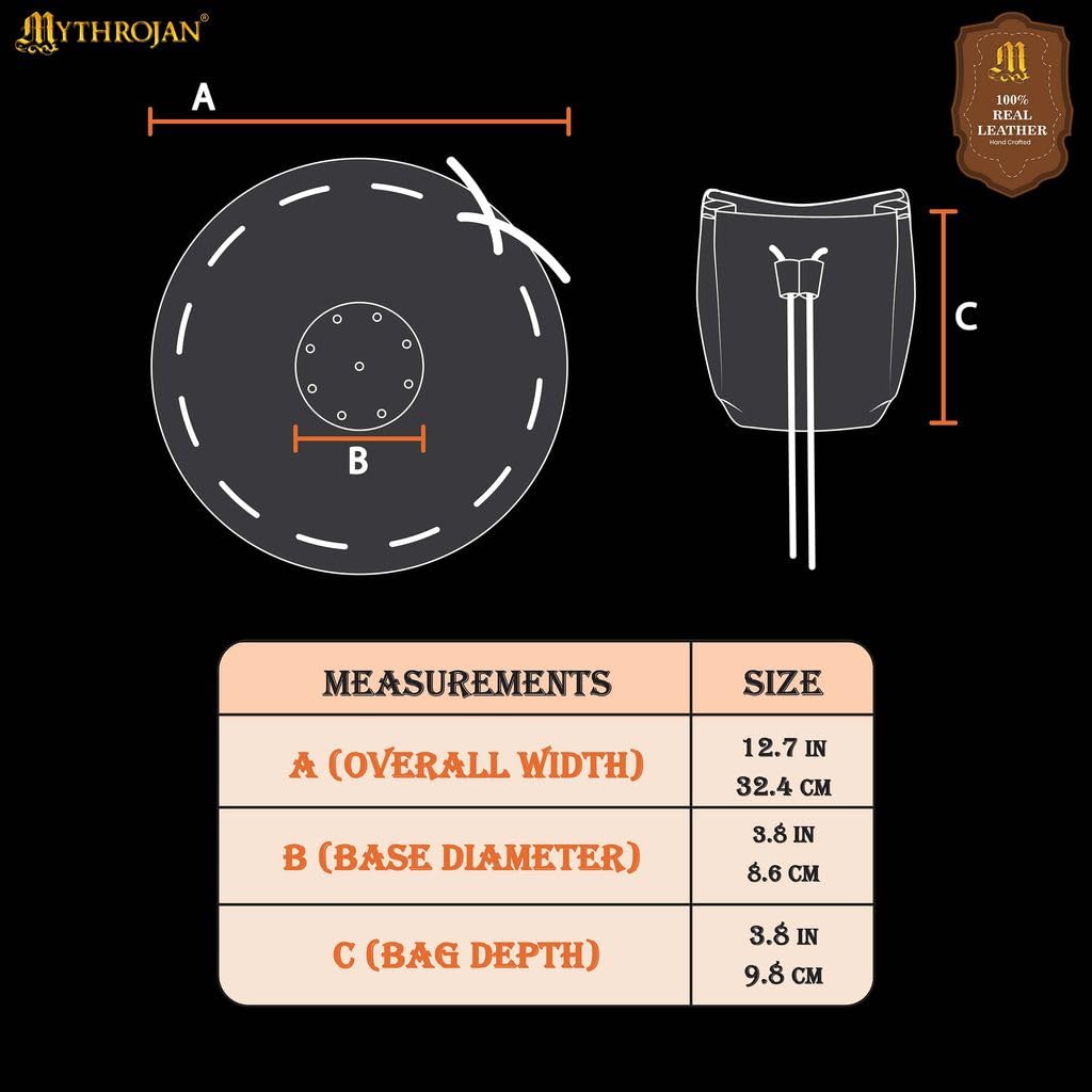 Mythrojan medieval leather pouch suede drawstring belt bag for larp, viking, renaissance cosplay, coin & jewelry waist purse (black, 3.8" x 3.8")