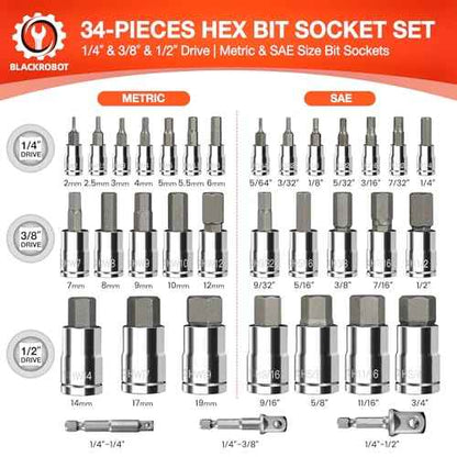 34-Pieces Hex Bit Socket Set, BLACKROBOT 1/4" 3/8" 1/2" Drive SAE & Metric Size Allen Socket Set with Socket Adapters and Portable Storage Case, S2 Alloy Steel