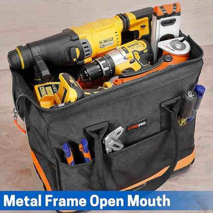 Wide Mouth Tool Bag, 16 Inch Heavy Duty Tool Bag with Waterproof Plastic Bottom, Multiple Purpose for Plumbers, Electricians, Handymen