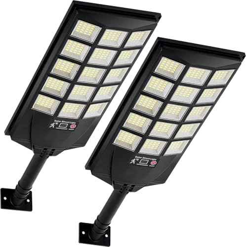 Solar Lights Outdoor Waterproof, 6500K Dusk to Dawn Solar Street Light Motion Sensor with Remote Control, LED Security Light for Outside Garden Yard Parking Lot, Oudoor Flood Lights, 2PACK