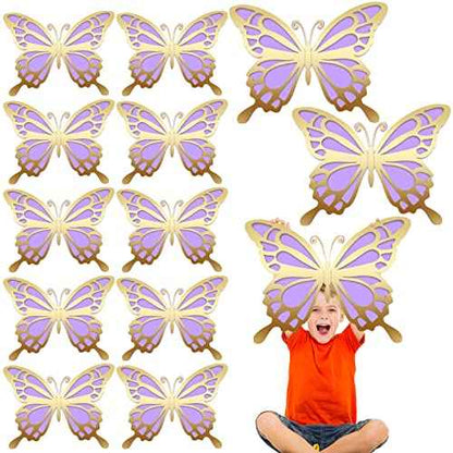 Geyee 12 Pcs 3D Large Butterfly Party Decoration 12 Inch 10 Inch Big Butterfly Centerpieces for Tables Baby Shower Birthday Wedding Hanging Decoration(Gold and Purple)