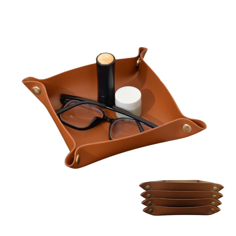 4 Pcs Portable Multi-Purpose PU Leather Valet Trays,Suitable for desks, entryways, nightstands.Perfectly organizes Small Items Like Jewelry, Keys, Paperclip,Glasses, Clamp, Headphones, Watches.