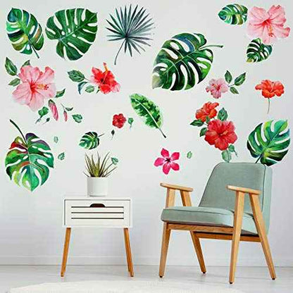 66 Pieces Large Palm Leaves Wall Decals Tropical Hibiscus Flower Peel Removable Stickers Green Plants Fresh Leaves Stickers for DIY Bedroom Living Room Office Bathroom Wall Corner