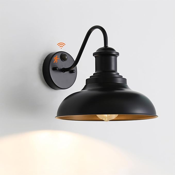 Motion Sensor Outdoor Lights,12inch Large Exterior Farmhouse Wall Mounted Lamp,E26 Barn Lights with Gooseneck,Vintage Matte Black Outside Sconce,Anti-Rust Waterproof Porch Light for House Garage