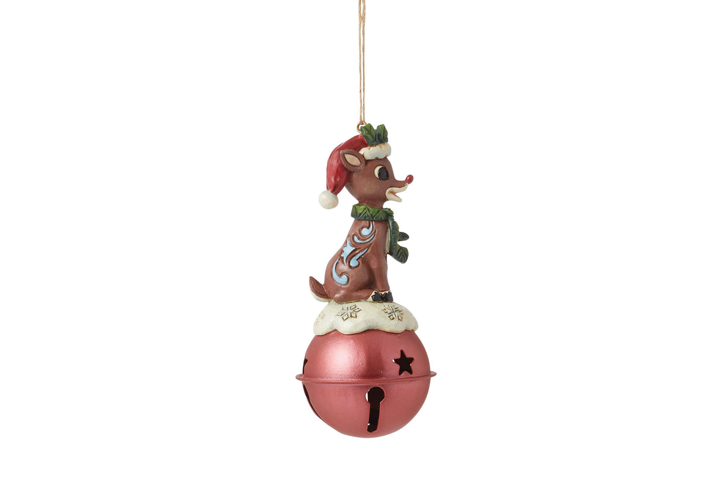 Enesco Rudolph Traditions by Jim Shore Reindeer Standing on Bell Hanging Ornament, 4.37 Inch, Multicolor