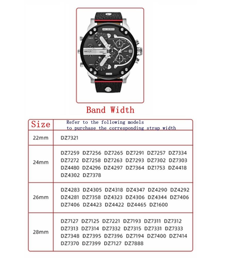 Adwoa Genuine Leather Replacement Straps Compatible for Men's 24mm 26mm 28mm Spring Bar Diesel Leather Watch Band Strap with Stainless Steel Buckle