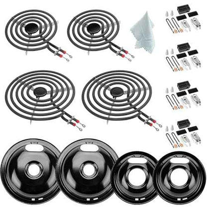W10290350 W10290353 Porcelain Burner Drip Pans & MP22YA Electric Range Burner Element Unit Set & 330031 Range Burner Receptacle Kit by Cenipar-Compatible with Whirlpool Frigidaire Range Oven/Stove