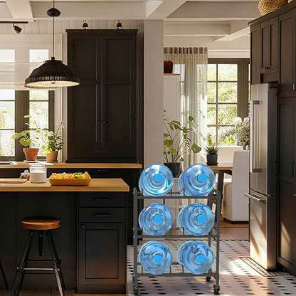 Heavy Duty 3 Tiers Water Rack Double Row with 4 Wheels - Space Saving Dispenser Stand 5 Gallon Water Storage Rack Bottle Jug Holder Organizer/Lockable&Removable Casters/Kitchen Office Garage/6 Slots