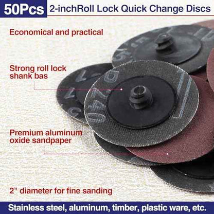 SPEEDWOX 50Pcs 2" 240 Grit Roll Lock Quick Change Discs Aluminum Oxide Coated Die Grinder Accessories Aluminum Oxide Sandpaper Disc Roll Lock Sanding Discs Quick-Change Sanding Discs