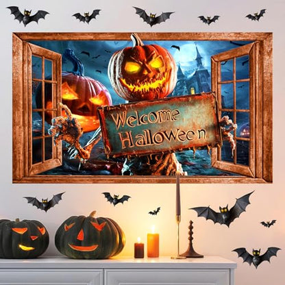 Halloween Decorations Stickers for Wall Spooky Pumpkin Bats Decals Scary Fake Window Wall Decal Peel and Stick Indoor Halloween Decor Monster Vinyl Art Mural for Living Room Haunted House Party Supply