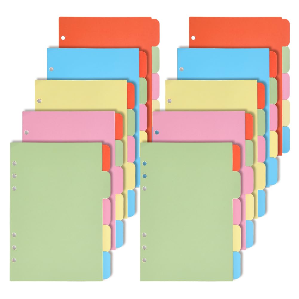 AHANDMAKER 8 Sets 6-Tab Binder Dividers, Multicolor Plastic Dividers with Tabs for 6 Ring Binders, A5 Sheets Insertable Index Page Divider for School Office Home Notebooks Planners Travel Diaries