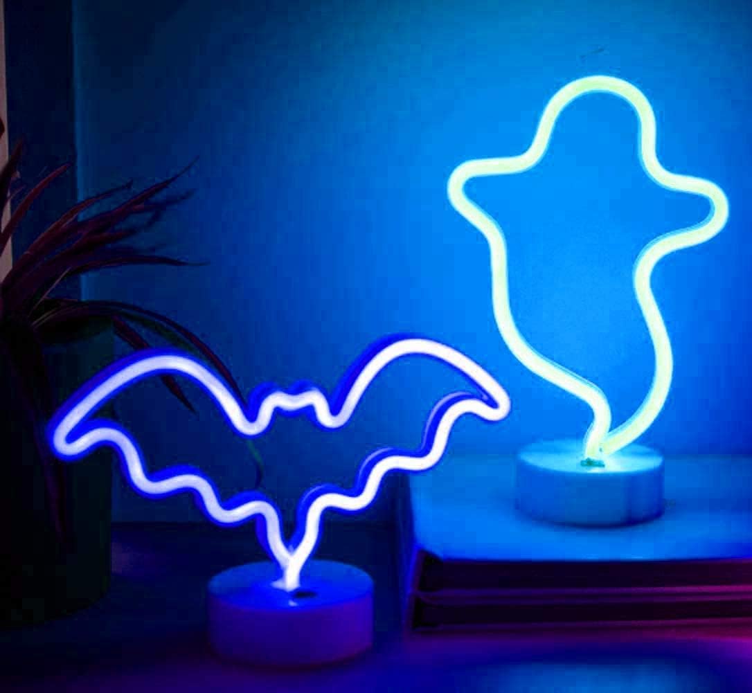 OHLGT LED Neon Light, Neon Sign Bat Lamp with Base, Battery and USB Operated Neon Decorative Lights for Halloween, Christmas, New Years, Party, Bar, Home, Bedroom (Blue)