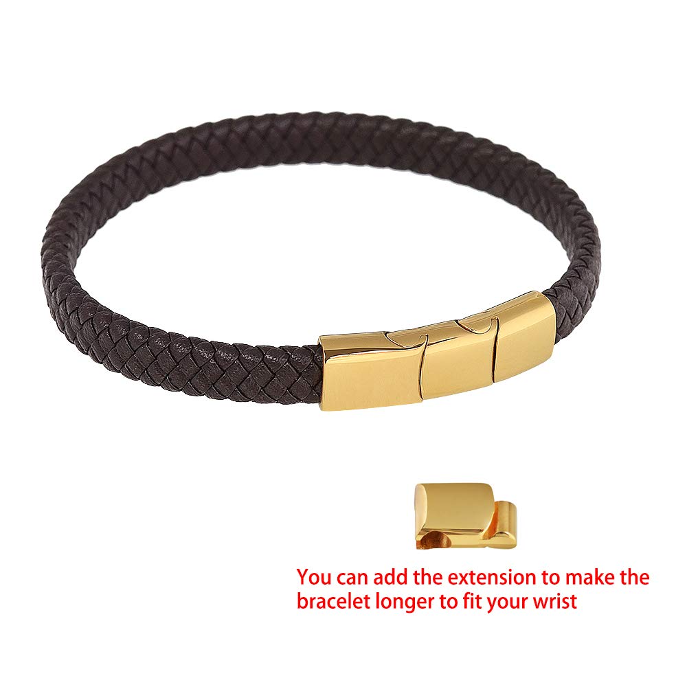 Geoffrey Beene Men's Braided Genuine Leather Bracelet with Stainless Steel Closure (Brown, Gold)