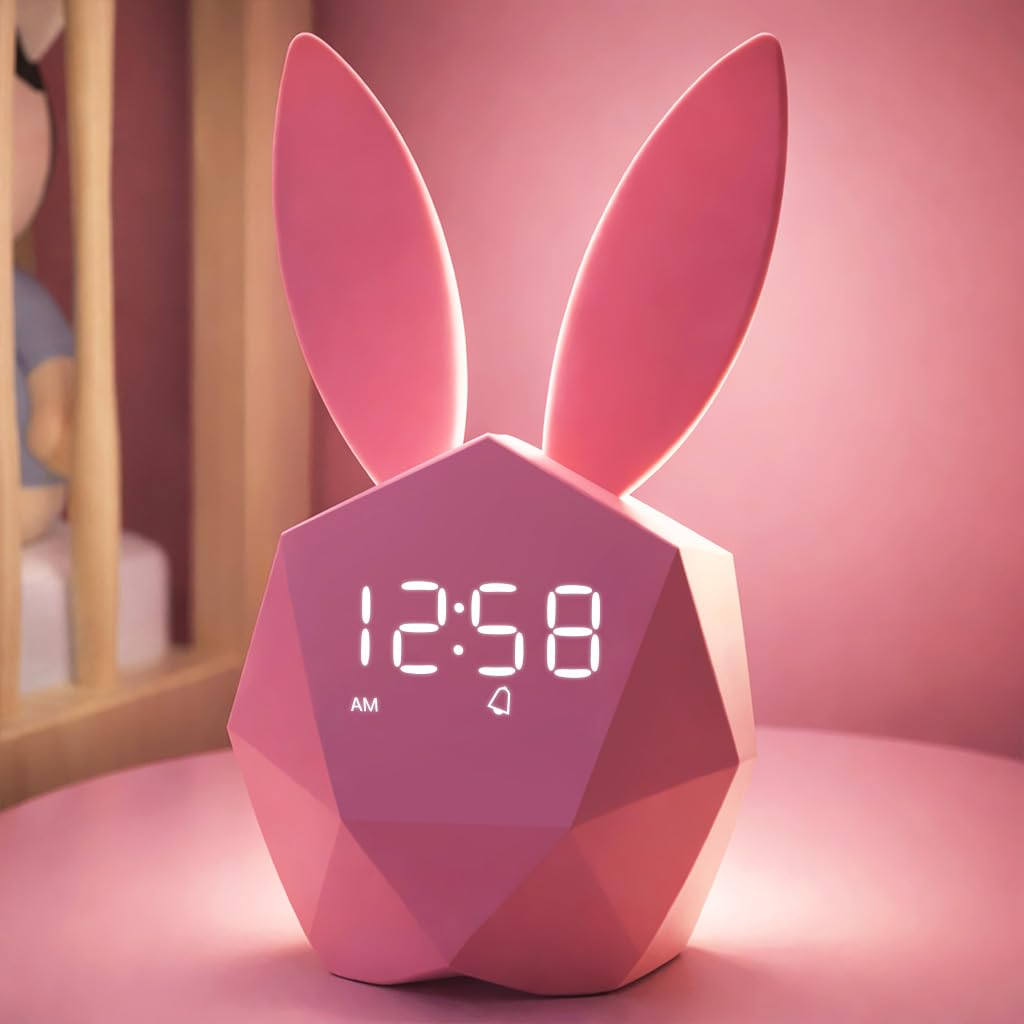 MASHI Bunny Kids Alarm Clock for Girls, Pink Alarm Clock with Night Light & Snooze, Sound Activated Digital Clock, 5 Ringtones & Adjustable Volume,Gift Ideas for Kids Girls Teens Room Decor (Pink)
