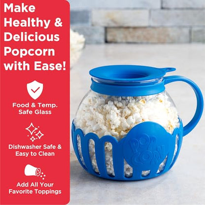 Ecolution Patented Micro-Pop Microwave Popcorn Popper with Temperature Safe Glass, 3-in-1 Lid Measures Kernels and Melts Butter, Made Without BPA, Dishwasher Safe, 3-Quart, Blue