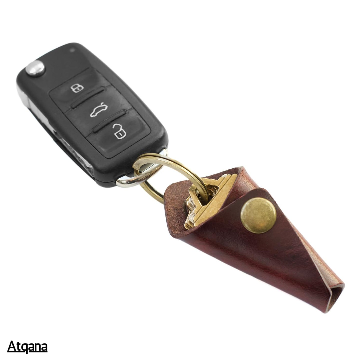 Atqana Leather Key Wrap Cover (Premium Leather) - Key Organizer | Motorcycle Keychain Wrap (Extra Dark Brown) (Brass Button)