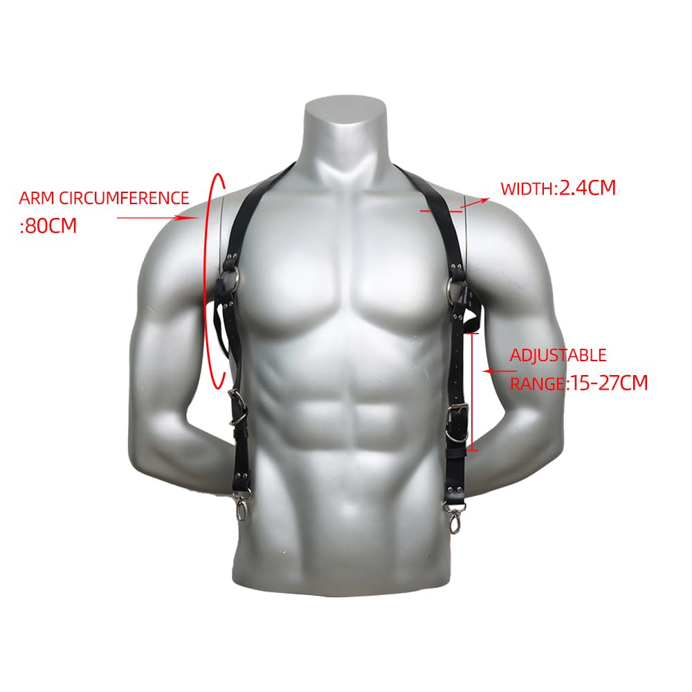 Mens Punk PU Leather Harness Adjustable Chest Body Belt with Buckles Rings Chain Design Adult Roleplay Outfit Clubwear Valentine's Day Festival Party Costume Gift for Men Adults