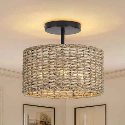 Boho Light Fixtures Ceiling Mount,12.6" Rattan Ceiling Light Fxiture,3-Light Semi Flush Mount Light Fixture,Farmhouse Wicker Ceiling Light for Hallway Bedroom Kitchen Nursery Entryway