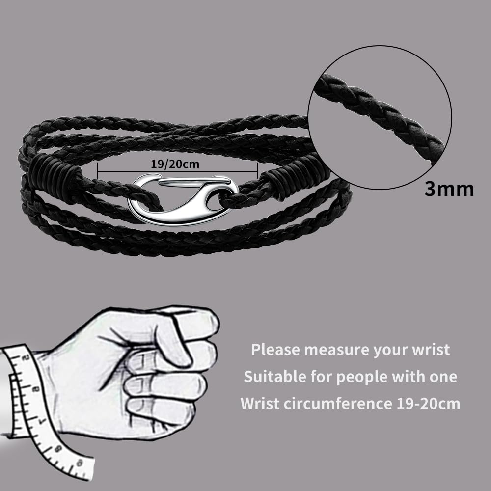 JEVINDA Leather Bracelet Unisex Braided Leather stainless steel Clasp 7.5/7.8 Inches optional multi-layered bracelet for Women and Men With gift box (Black, 7.5 Inch)