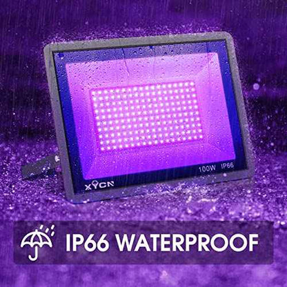 4 Pack 100W LED Black Lights, Blacklight Flood Light with Plug and Switch, 120VAC IP66 Waterproof Blacklight for Halloween Party, Glow in The Dark, Stage Light, Body Paint, Neon Glow