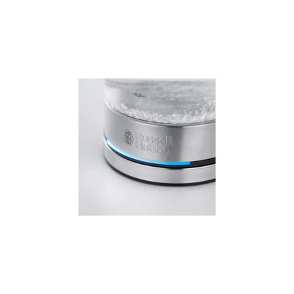 Russell Hobbs Kettle Glass & Stainless Steel Small [0.8 L] Compact (2200 W, Blue LED Lighting, Removable Limescale Filter, Small Travel Kettle) Tea Maker 24190-70