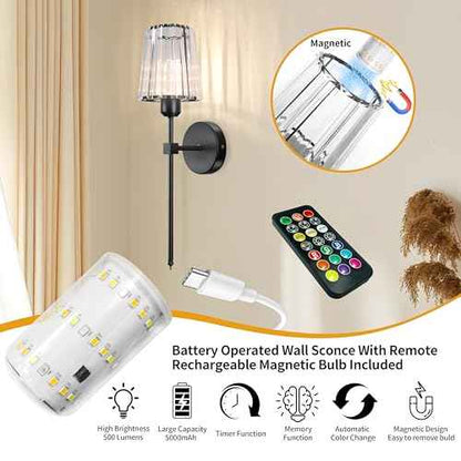 Battery Operated Crystal Wall Sconces Set of Two, Black Wireless Wall Lamp with Crystal Shades, Rechargeable LED Bulbs, 12-Colors Dimmable, Remote for Bedroom, Living Room, Bulbs Included