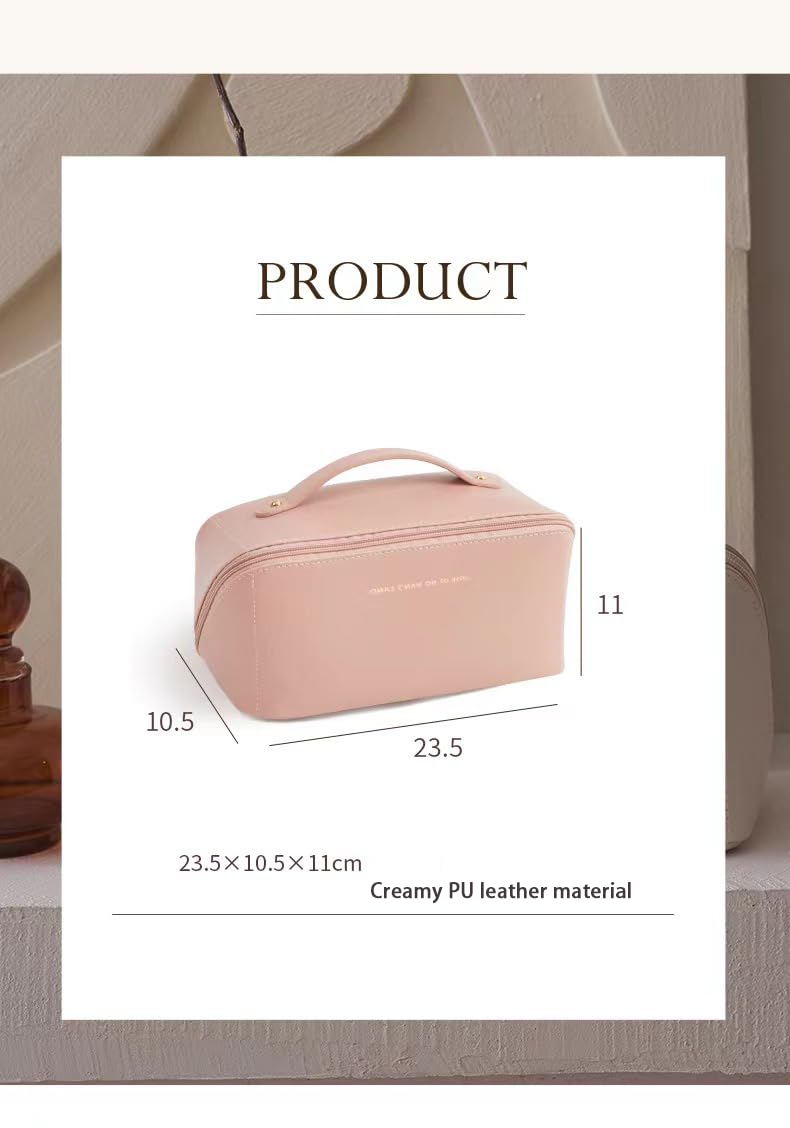 Travel Makeup Bag for Women, Large Capacity PU Leather Toiletry Bag with Multiple Compartments, Waterproof Cosmetic Organizer with Handle, Portable Travel Pouch for Skincare, Rose Pink