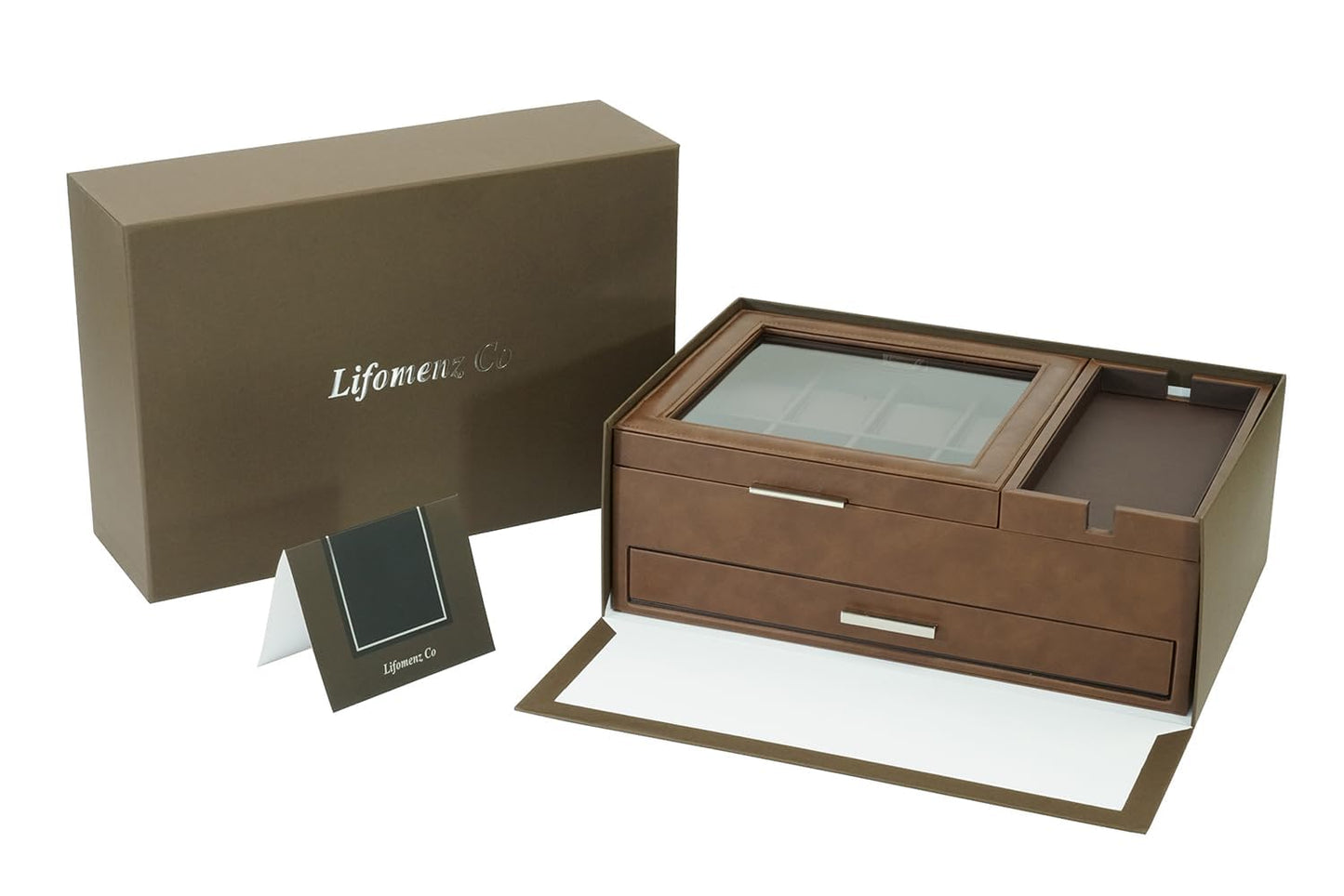 Lifomenz Co Men's Jewelry Box Organizer with Charging Station & Drawer - Premium Valet Tray for Watch, Phone, Wallet Storage - Brown