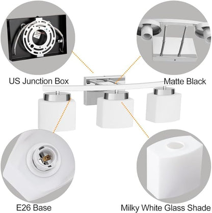 3-Light Bathroom Light Fixture Over Mirror, Modern Chrome Vanity Fixture with Milky Glass Shade, 23 inches Bath Light for Bath Vanity Lighting