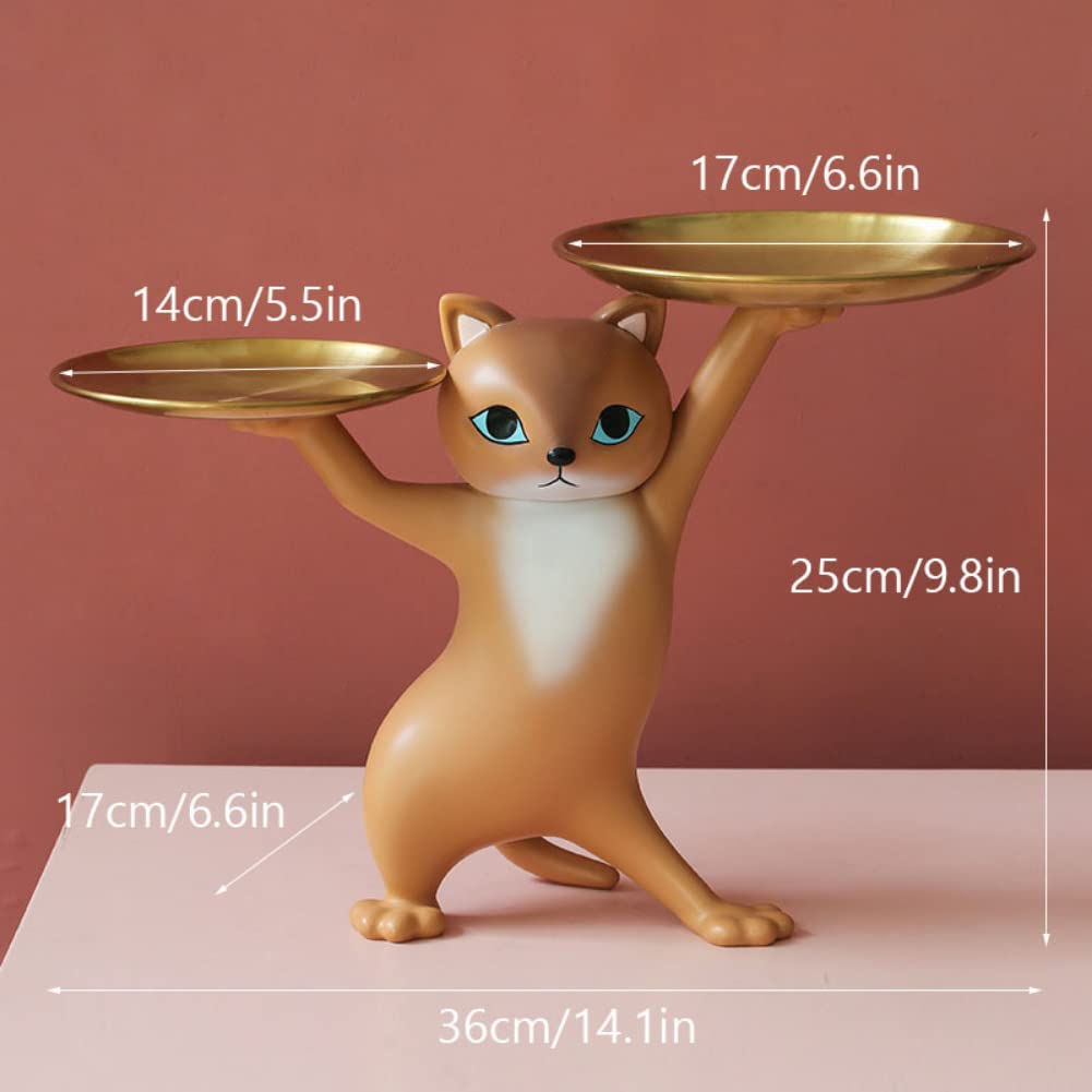 Slowtee Resin Cat Decorative Tray Figurine, Enchanting Dancing Funny Statue for Home/Bedroom/Office Entrance Table Decor, Sculpture for Candy/Snacks/Key/Gadgets Storage (Brown)