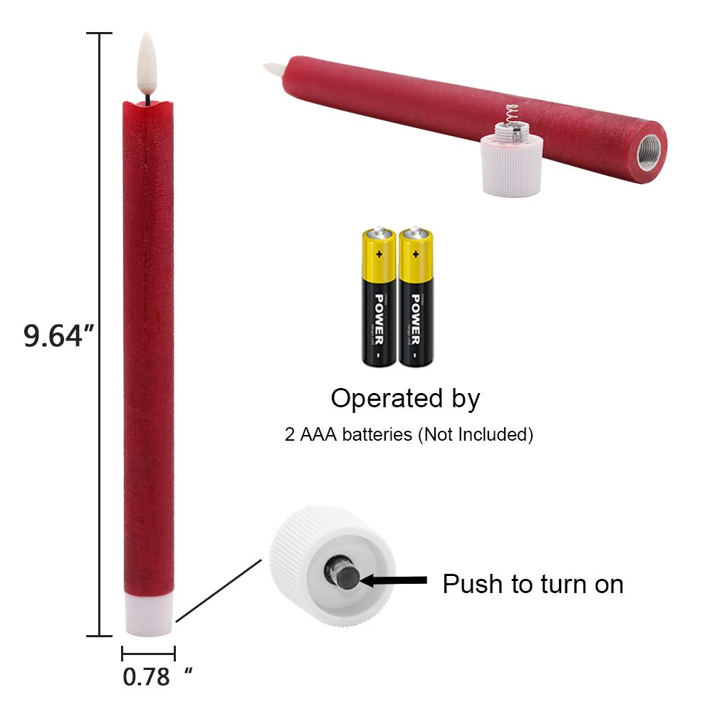 Lasumora Red Flameless Taper Candles Battery Operated Flickering with 6H Timer, 3D Wick LED Taper Candles Real Wax Candlesticks, Party Christmas Home Decor 6 Pack 9.6" Christmas Red