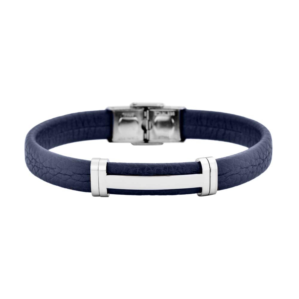Geoffrey Beene Men's Genuine Leather Bracelet with Stainless Steel Cut-Out ID, Blue