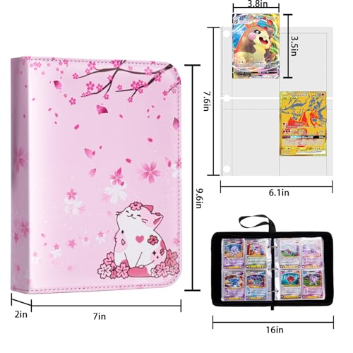 CLOKORIA Card Binder for Girls Gifts,440 Cards Collectible Trading Card Holder Case with 55 Sleeves, 4 Pocket for TCG Game Cards Collection Sports Trading Cards Collector Album (Sakura cat)