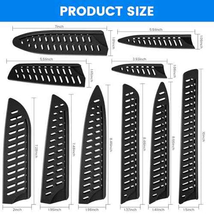 10-Pack Black Knife Sheaths for Kitchen Knives - Universal Protective Blade Covers for 10" Bread Knife, 8" Carving, 7" Chef, 5" Utility, 3.5" Paring Knives, Ventilated Safe Storage, PP Material