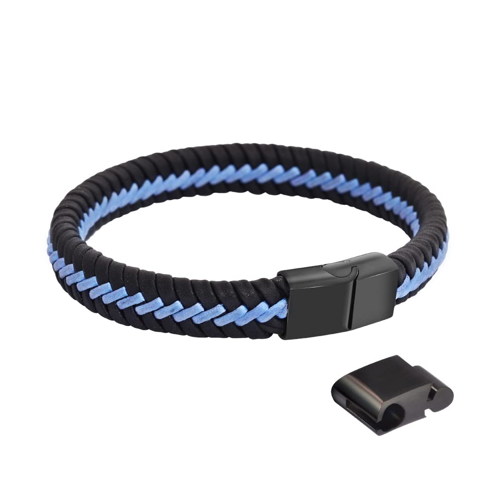 Magna Steel Men's Braided Genuine Leather Cord Bracelet, Blue