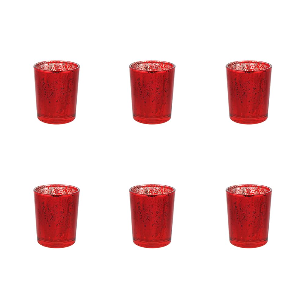 BTGLLAS 6pcs Red Glass Tea Light Holders - Votive Candle Holders Bulk for Weddings Events - Glass Votives for Wedding Centerpieces, Christmas, Thanksgiving - Candle Accessories Decor (6, Red)