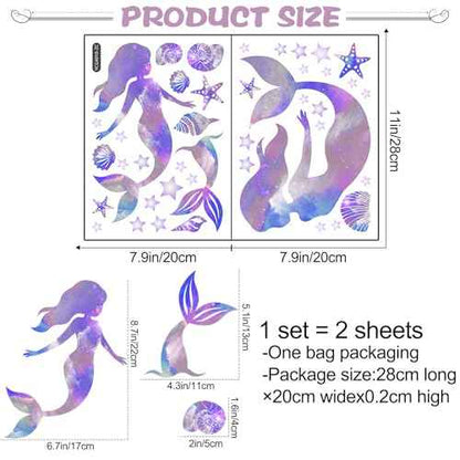 Mermaid Wall Decals Glow in The Dark Mermaid Star Decal Under The Sea Wall Stickers for Nursery Bedroom Bathroom Mirror Wall Decor