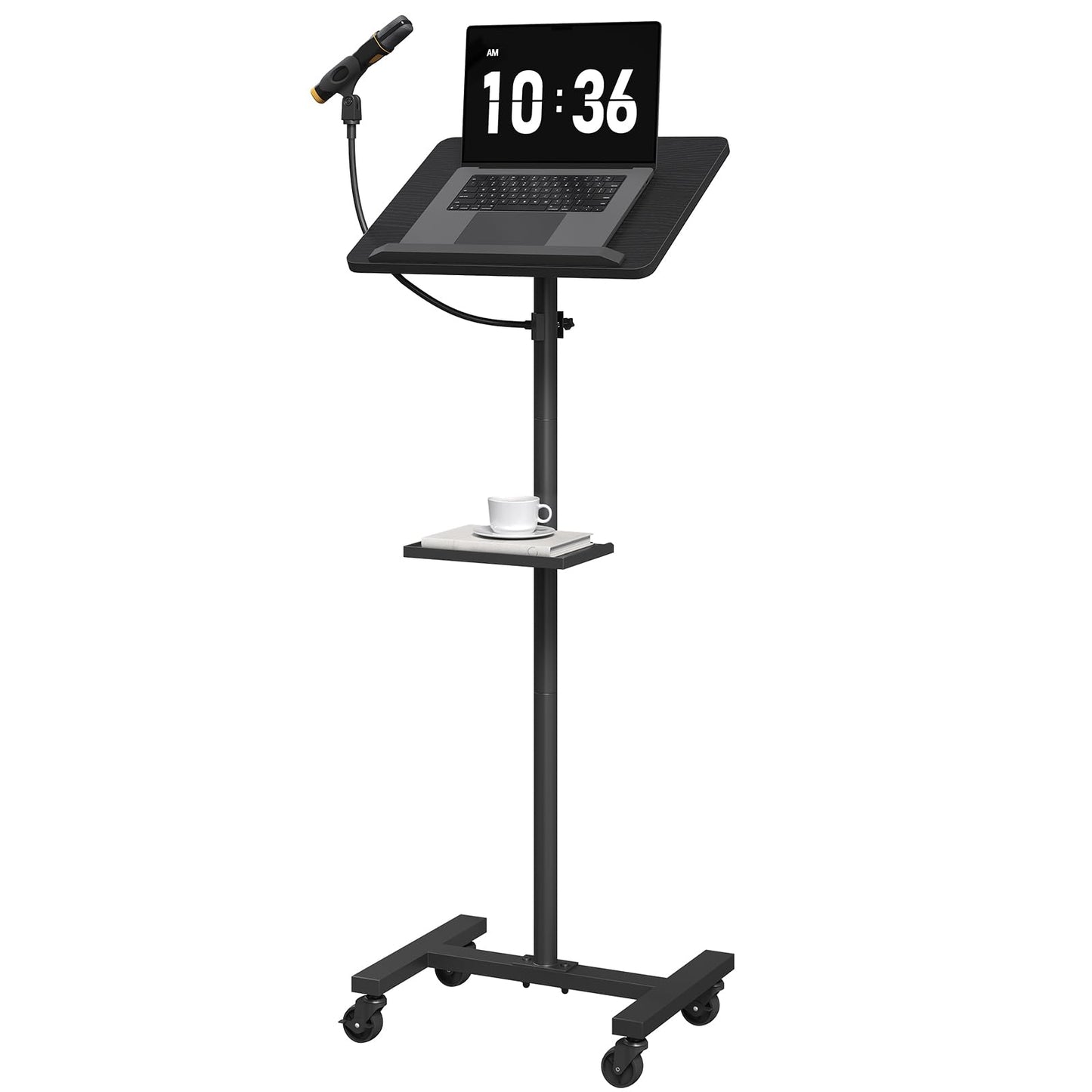 MAHANCRIS Podium Stand with Microphone Stand, Standing Desk and Laptop Desk with Storage Tray, 28.9-42.7 Inch Adjustable Height Portable Lectern for Classroom, Conference Room, Black LPBK4001