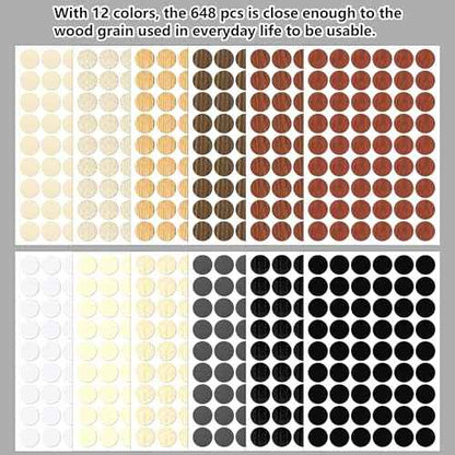 648 PCS 12 Colors Self-Adhesive Screw Holes Covers Stickers PVC Dustproof for Wood Furniture Cabinet Wall Desk Chair Bookcase Shelve Plate