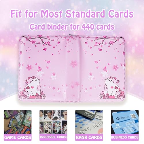 CLOKORIA Card Binder for Girls Gifts,440 Cards Collectible Trading Card Holder Case with 55 Sleeves, 4 Pocket for TCG Game Cards Collection Sports Trading Cards Collector Album (Sakura cat)