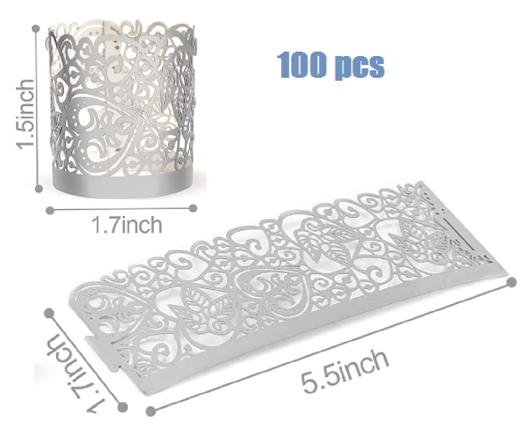 zmgmsmh 100 Candle Holder Laser Cutting Votive Wraps Candle Holder for Wedding Table Christmas Festival Tealight Decor Tea Light Votive Wrap Candle Holder Decorative Wraps Paper (Silvery)